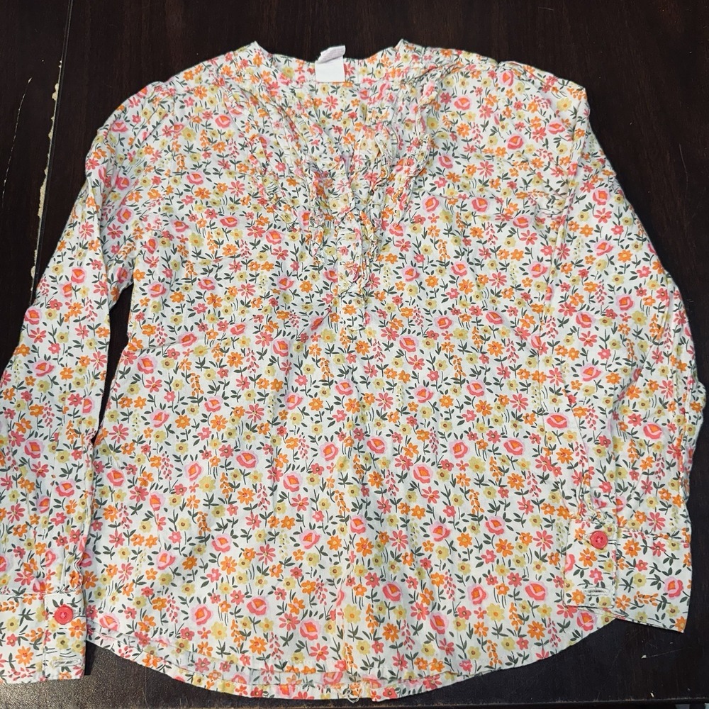 Vtg OshKosh B'gosh Floral Peasant Blouse Girls Sz 5 Ruffle Neck 100% Cotton Y2K‎
